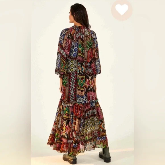 NWT FARM Rio Rauti Midi Dress Large Multi Abstract Tiered Long Sleeve High Neck - Picture 2 of 5